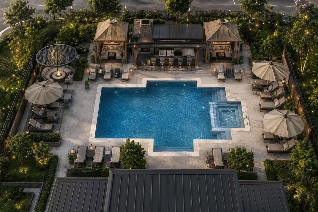 Resort-style pool, hot tub, and cabanas at dusk